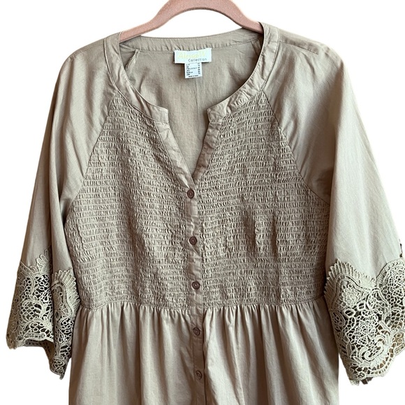 Alyssa W Collection Cotton Boho Button Up Smocked Tunic Lace Details Tan - Picture 2 of 12